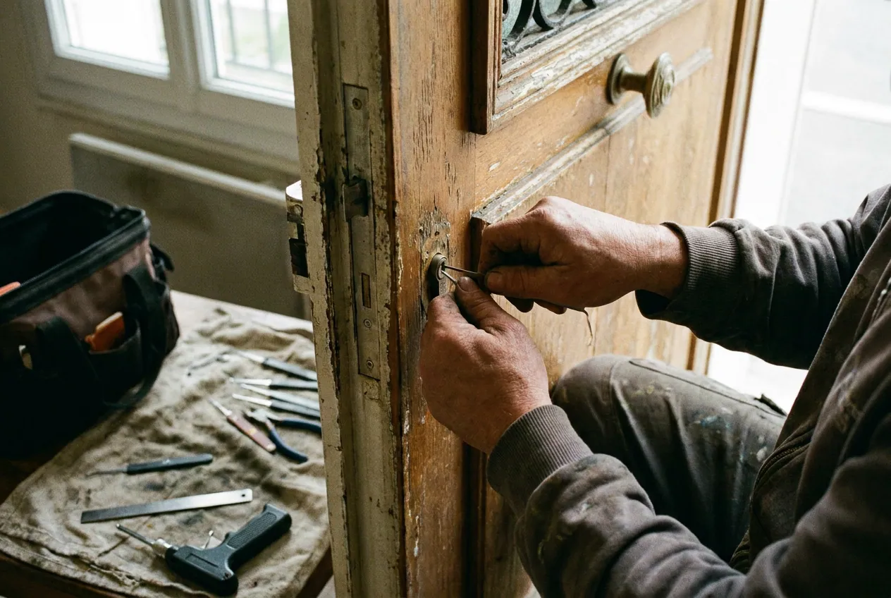 Serrurier ouvrant une porte d'entree claquee dans un pavillon d'Epinay-sur-Orge